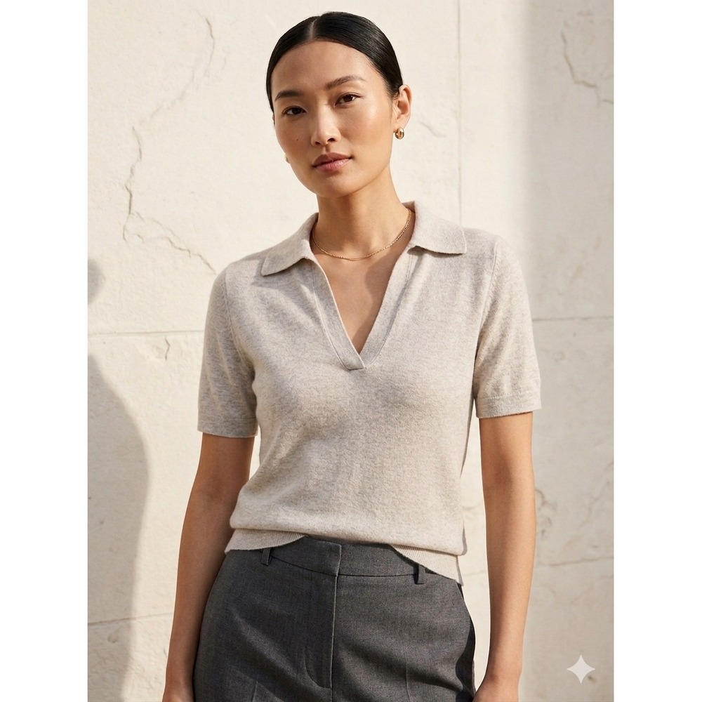 J.Crew Womens Cotton/Cashmere Blend Short Sleeve Polo Sweater Oatmeal Medium